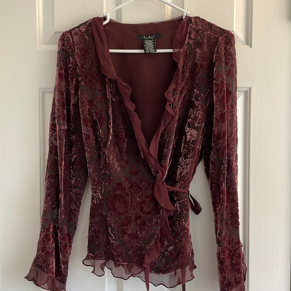 Lovely burgundy velvet (silk/viscose) burnout, wrap style blouse or jacket.